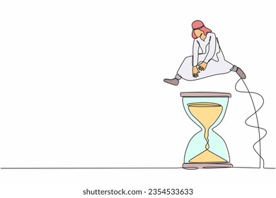 Single one line drawing Arabian businessman jump over or passing hourglass. Working culture with time schedule. Business project deadline efficiency. Continuous line design graphic vector illustration