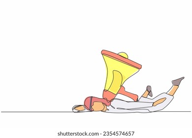 Una sola línea que dibuja a un hombre de negocios árabe bajo una pesada carga de megáfono. Conflicto y problemas en la comunicación. Acoso, acoso en el trabajo. Ilustración vectorial de diseño de línea continua moderna