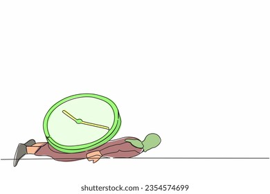 Single one line drawing Arabian businesswoman under heavy clock burden. Stressed worker working under pressure to completed business project deadline. Continuous line draw design vector illustration