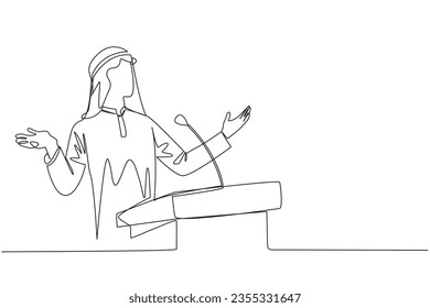 Una sola línea dibujando a un hombre de negocios árabe hablando en el podio mientras se abren las manos. Explicar la historia de la empresa para convertirse en empresa multinacional. Ilustración gráfica de diseño de línea continua