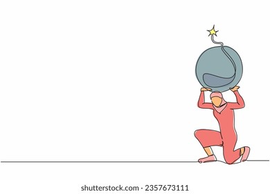 Single one line drawing Arabian businesswoman carrying heavy bomb on her back. Stressed office employee due to debt explosion. Financial crisis problem. Continuous line draw design vector illustration