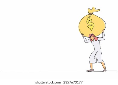 Single one line drawing Arabian businessman carrying heavy money bag on his back. Stressed entrepreneur loss money. Financial crisis due to pandemic. Continuous line graphic design vector illustration
