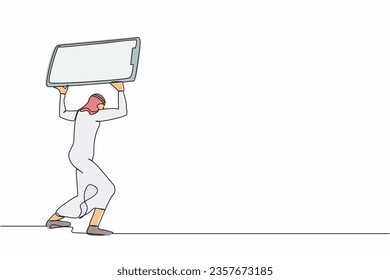 Ein einziger Strich zeichnet arabischen Geschäftsmann mit schwerem Smartphone auf dem Rücken. Depression, Erschöpfung, mentaler Stress, Frustration durch überarbeitete Haut. Grafische Vektorgrafik für kontinuierliche Linien