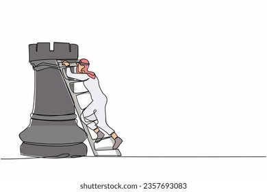 Single one line drawing Arabian businessman climb huge rook chess piece with ladder. Company strategy success using powerful move for advantage. Continuous line draw design graphic vector illustration