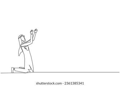 Single one line drawing Arabian businessman kneeling raising hands to pray. Praying to make it easier to do business. Businessman lost hope. Surrender. Continuous line design graphic illustration