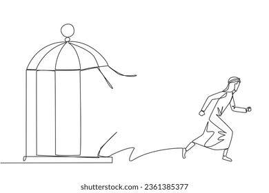 Single one line drawing Arabian businessman trapped in the cage running through the cage. Metaphor penetrates the maximum limit of self. Desire to succeed. Continuous line design graphic illustration