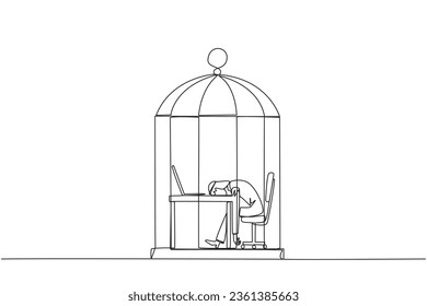 Single one line drawing Arabian businessman trapped in cage asleep on laptop. Tired of repetitive routines. The many deadlines require overtime every day. Continuous line design graphic illustration