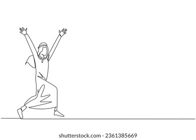 Single one line drawing Arabian businessman running to celebrate the success of business. Like a football player who scores goal, he celebrates. Success. Continuous line design graphic illustration