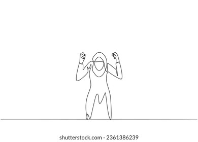 Single one line drawing Arabian businesswoman kneeling like praying. Lost hope. Businesses will bankrupt if fail to get bona fide clients. Gesture of surrender. Continuous line graphic illustration