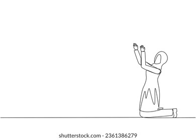 Single one line drawing Arabian businesswoman kneeling raising hands to pray. Praying to make it easier to do business. Businesswoman lost hope. Surrender. Continuous line design graphic illustration