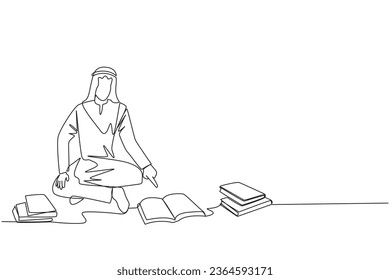 Single one line drawing Arabian man reading the books happily. Good reading interest. Really enjoy reading story books. Reading everywhere. Book festival concept. Continuous line graphic illustration