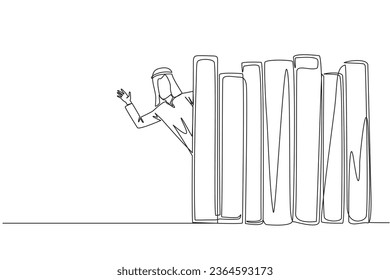 Single one line drawing Arabian man appears from behind a row of books. Invitation to read the books at the library. Like to reading a book. Book festival concept. Continuous line graphic illustration