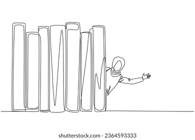 Single one line drawing Arabian woman appears from behind a row of books. Invitation to read books at the library. Like to reading a book. Book festival concept. Continuous line graphic illustration