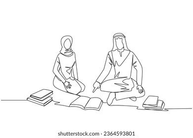 Single one line drawing Arabian man woman reading book happily. Good reading interest. Really enjoy reading story books. Reading everywhere. Book festival concept. Continuous line graphic illustration