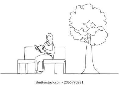 Una sola línea dibujando a una mujer árabe sentada en el banco del parque leyendo un libro. Aprende releyendo el libro de texto. Leer para obtener las marcas máximas. Leer aumenta la percepción. Ilustración gráfica de diseño de línea continua