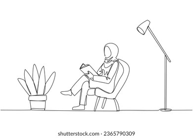 Single one line drawing Arabian woman sitting reading in room with the reading lamp. Spending holidays increasing knowledge by reading books. Love reading. Continuous line design graphic illustration