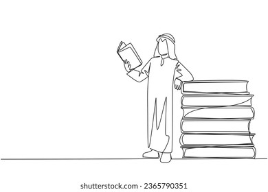 Single one line drawing Arabian man standing reading a book while leaning against a pile of large books. Hobby of reading anywhere. Very happy when reading. Continuous line design graphic illustration