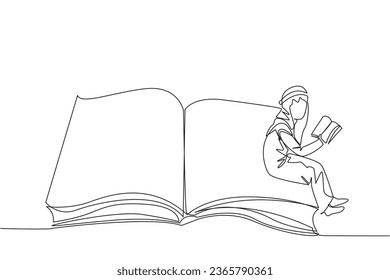 Single one line drawing Arabian man sitting on the edge of a large open book. Study before exam time arrives. Read textbooks with focus. Reading is fun. Continuous line design graphic illustration