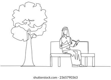 Single one line drawing Arabian man sitting on park bench reading book. Learn by re-reading textbook. Read to get maximum marks. Reading increase insight. Continuous line design graphic illustration