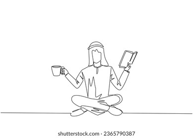 Single one line drawing Arabian man sitting cross-legged reading book. Accompanied by mug of coffee to make reading more interesting. Knowledge. Calmness. Continuous line design graphic illustration