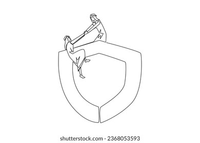 Un solo trazo dibujando a un hombre de negocios árabe ayuda a sus colegas a trepar el gran escudo. El trabajo en equipo mantiene a los colegas a salvo de un hombre de negocios malvado. Ayudándose mutuamente. Ilustración gráfica de diseño de línea continua