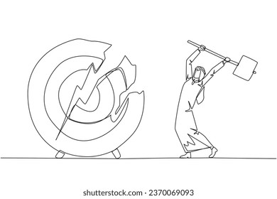 Single one line drawing Arabian businessman preparing to hit a big target arrow board. Rampage. Failed to focus, failed to get the promised reward. Madness. Continuous line design graphic illustration