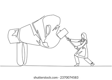 Single one line drawing Arabian businesswoman preparing to hit a big megaphone. Destroy of hoax information that damage business stability. Destroy slander. Continuous line design graphic illustration
