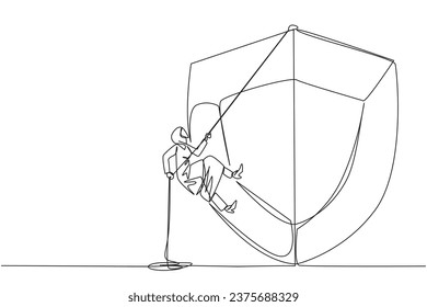 Single one line drawing Arabian businesswoman climbs shield with rope. Works to help clients secure data from virus attacks. Check each layer. Work hard. Continuous line design graphic illustration