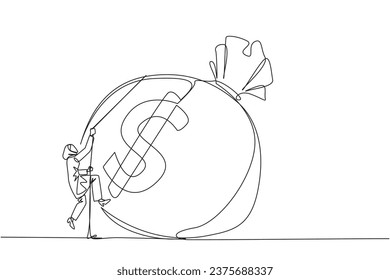 Single one line drawing Arabian businesswoman climbs money bag with rope. Work harder to get very large retirement fund. Bring out abilities to the maximum. Continuous line design graphic illustration