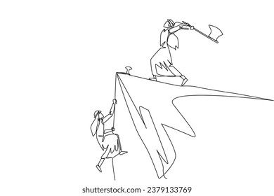 Single one line drawing Arabian businessman climbs cliff with rope. Almost successful. Rudely dropped by a business friend. Fake partner. Worst teamwork. Continuous line design graphic illustration