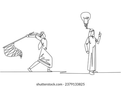 Single one line drawing Arabian businessman with an idea. A brilliant idea that will be stolen by a business partner. Cheating. Business betrayal. Fake. Continuous line design graphic illustration