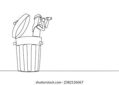 Single one line drawing Arabian businessman pops out of a trash bin looking for something with binoculars. Trying out waste materials for business profit. Continuous line design graphic illustration