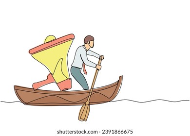 Single one line drawing Arabian businessman sailing away on boat with megaphone. Command leader, control through megaphone, leadership and teamwork. Continuous line design graphic vector illustration