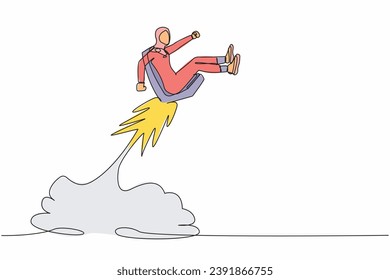 Una sola línea dibujando a una empresaria árabe montando un cohete en la silla de la oficina volando en el cielo. Motivación para tener éxito. Iniciar una nueva oportunidad profesional. Ilustración vectorial de dibujo de línea continua