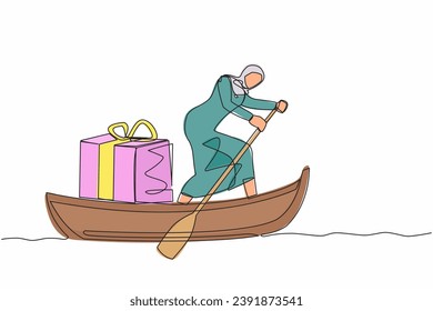 Single one line drawing Arabian businesswoman standing in boat and sailing with gift box. Giving prizes to outstanding employees. Appreciation from company. Continuous line design vector illustration