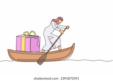 Single one line drawing Arabian businessman sailing away on boat with gift box. Year-end prizes for outstanding employees. Appreciation from company. Continuous line design graphic vector illustration