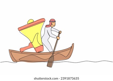 Single one line drawing Arabian businessman sailing away on boat with megaphone. Command leader, control through megaphone, leadership and teamwork. Continuous line design graphic vector illustration