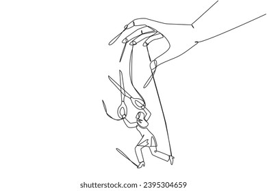 Eine einzige Linie ziehende arabische Geschäftsfrau, die mit Seilen, die von Riesenhand kontrolliert werden, lief. Mit Schere auseinanderziehen. Freiheit, sich für ein besseres Geschäft zu entscheiden. Grafische Grafie-Illustration mit kontinuierlicher Linie