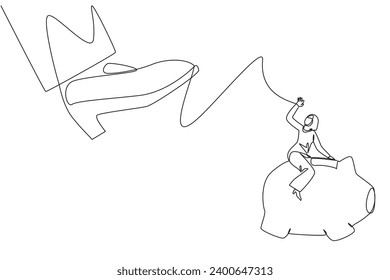 Single one line drawing Arabian businesswoman riding a piggy bank runs away from giant foot. Add expertise to acquire assets elsewhere. For a better future. Continuous line design graphic illustration