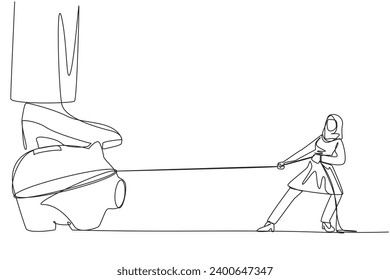 Una sola línea dibujando a una mujer de negocios árabe trata de tomar un banco de cerdos pisado por un pie gigante. Medidas para ahorrar activos valiosos de la empresa. Apropiación. Ilustración gráfica de diseño de línea continua