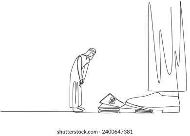 Single one line drawing Arabian businessman nodded in front of giant foot stepping on stack of banknotes. Receive orders to use capital as best as possible. Continuous line design graphic illustration