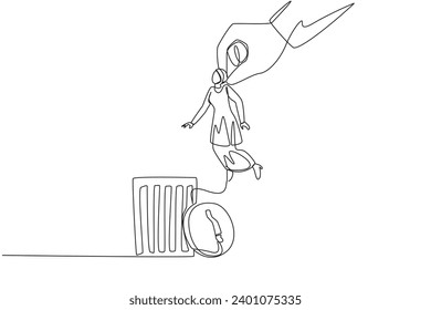 Eine einzige Linie, die arabische Geschäftsfrau zeichnet, wird von Riesenhand angehoben und in eine Mülltonne gelegt. Abbau der Beschäftigten. Für ein stabileres Geschäft. Grafische Abbildung des Liniendesigns