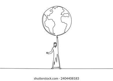 Una sola línea dibujando a un hombre árabe parado levantando el globo con una mano. En un alma sana hay un cuerpo fuerte. No hay contaminación. Verde la tierra. Proteger. Ilustración gráfica de diseño de línea continua