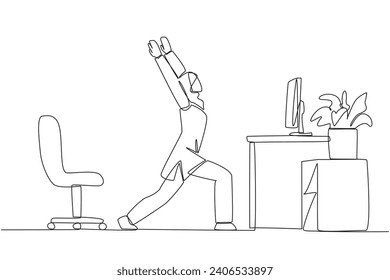 Single one line drawing Arabian woman stands with both hands raised and legs stretched. Stretching movements are much needed before work. Overtime. Hectic. Continuous line design graphic illustration