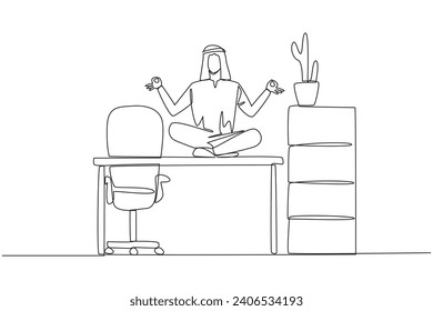 Single one line drawing Arabian man sitting cross-legged on a work desk. Requires calm in thinking. Can't be careless. Relaxing the mind. Stretching body. Continuous line design graphic illustration