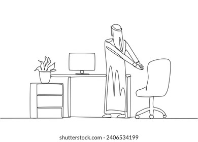 Single one line drawing Arabian man stands with his hands behind his back. Stretching. Restore focus with light exercise. Overtime on the weekend. Hectic. Continuous line design graphic illustration