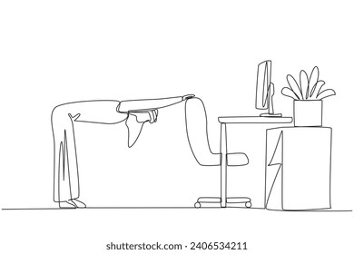 Single one line drawing Arabian man bowed while holding his hand on his work chair. Stretch the body to relieve stiffness. Working overtime on the weekend. Continuous line design graphic illustration