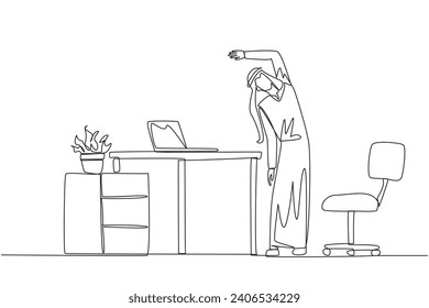Single one line drawing Arabian man stands while raising one hand and tilting body. Stretch and do light exercise before work. More focus. Relax. Overtime. Continuous line design graphic illustration