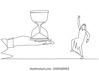 Single one line drawing Arabian businessman excited to get the hourglass from the giant hand. Challenging work. Always enthusiastic about many deadlines. Continuous line design graphic illustration