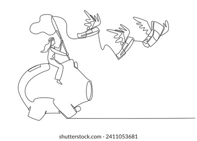 Una sola línea dibujando a un empresario árabe montado en un banco de cerdos atrapando billetes voladores. Crisis financiera. Trabajar con inteligencia para evitar la deuda. El negocio debe continuar. Ilustración gráfica de diseño de línea continua